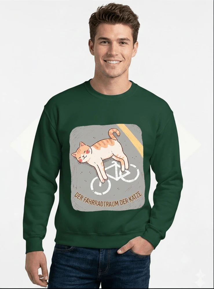 der fahrradtraum der katze t shirt ses katzenmotiv fr radfahre sweatshirt mit rundhalsausschnitt forest green