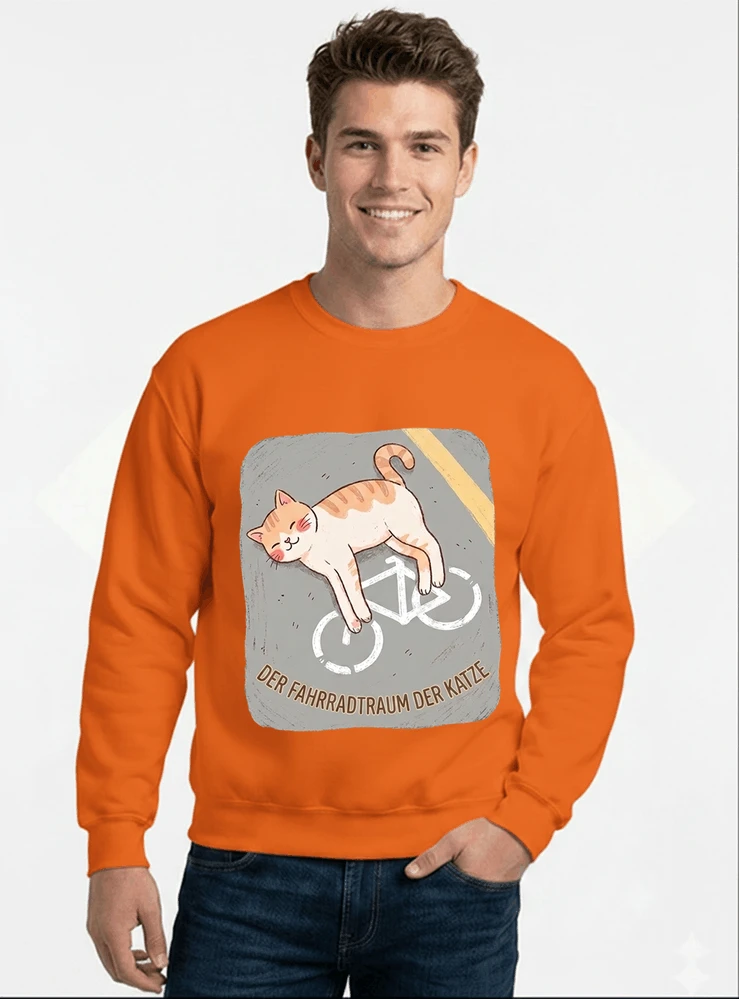 der fahrradtraum der katze t shirt ses katzenmotiv fr radfahre sweatshirt mit rundhalsausschnitt orange