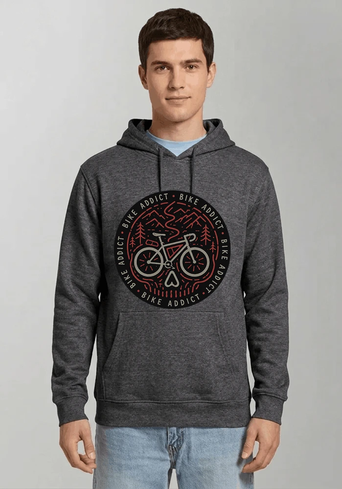 fahrrad t shirt bike addict gravel bike mountain adventure design kapuzenpullover anthracite melange