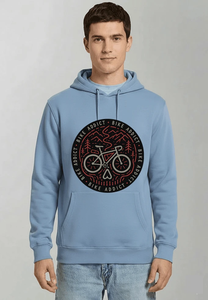 fahrrad t shirt bike addict gravel bike mountain adventure design kapuzenpullover light blue
