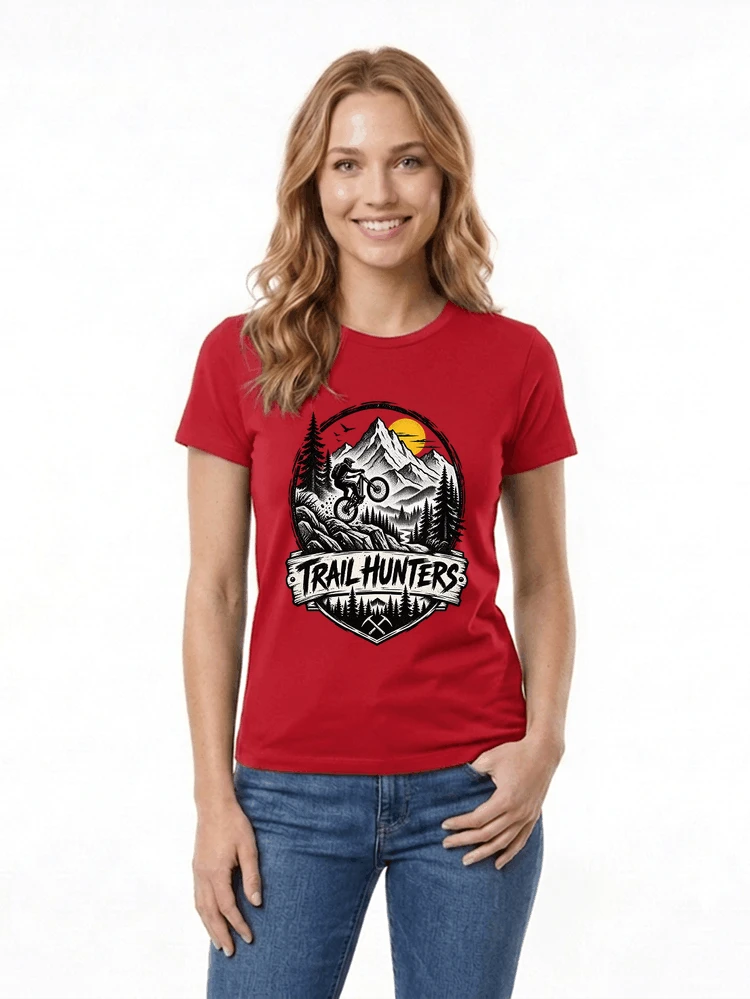 fahrrad t shirt trail hunters downhill mountainbike motiv shirt damen t shirt red