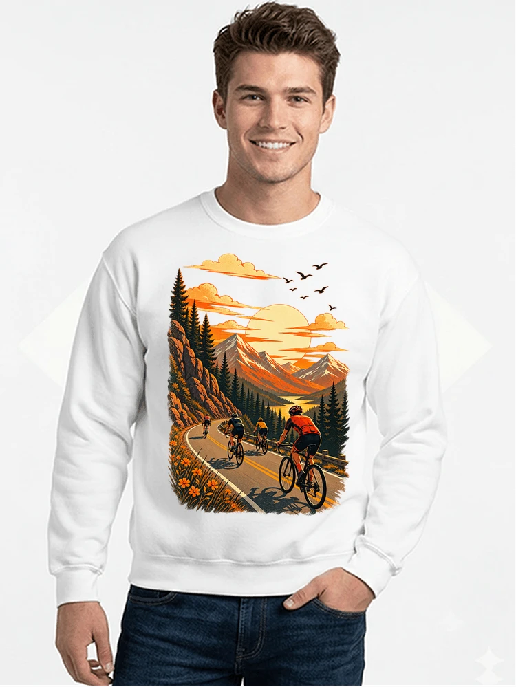 fahrrad tour berge t shirt gravelbike rennradgruppe geschenk sweatshirt mit rundhalsausschnitt white