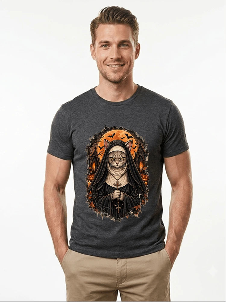 Halloween Katze als Nonne T-Shirt Düsteres Halloween Geschenk für Katzenfans