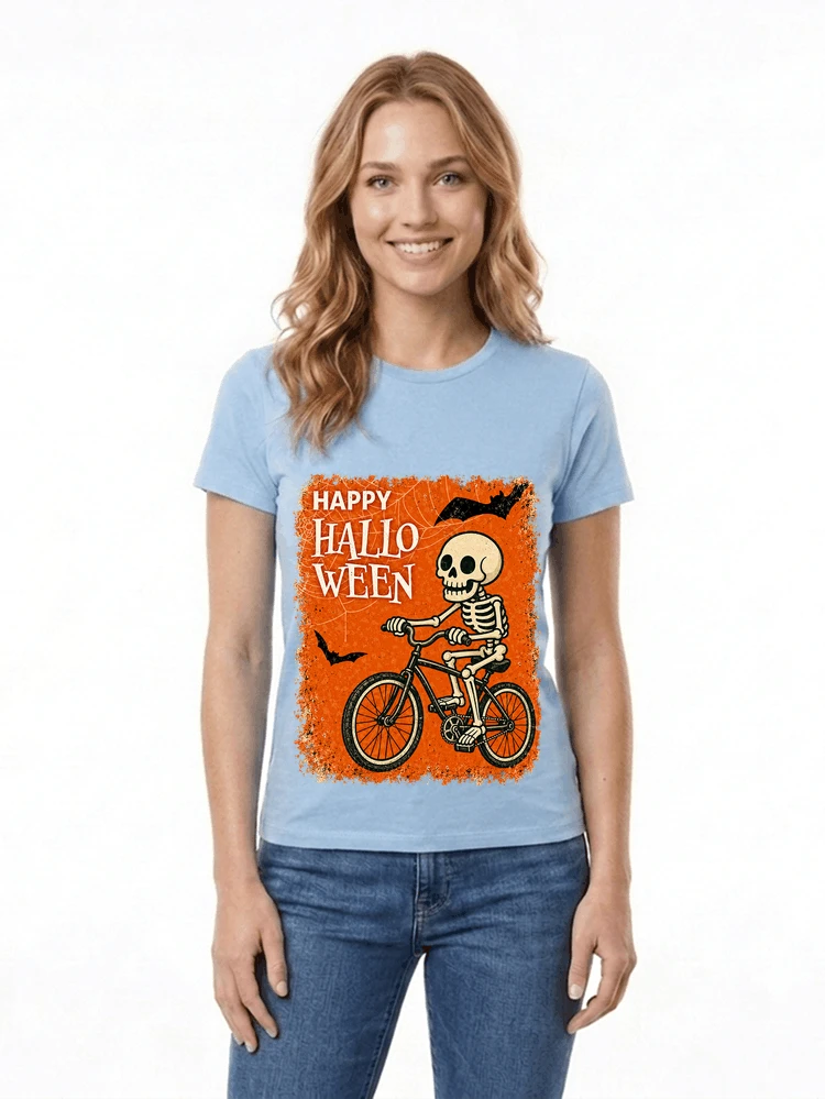halloween skelett fahrrad t shirt lustiges radfahrer spuk shirt damen t shirt light blue