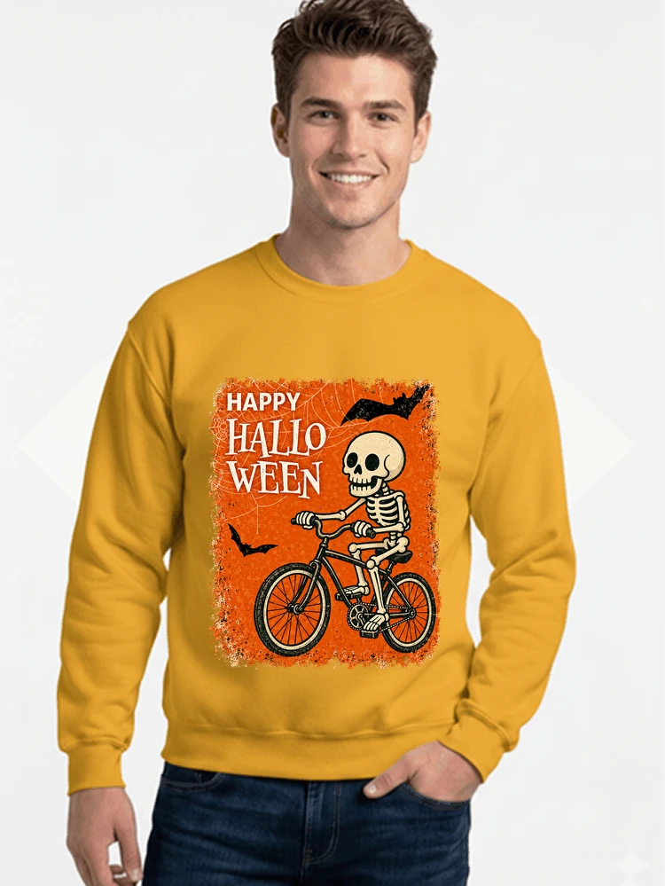 halloween skelett fahrrad t shirt lustiges radfahrer spuk shirt sweatshirt mit rundhalsausschnitt gold