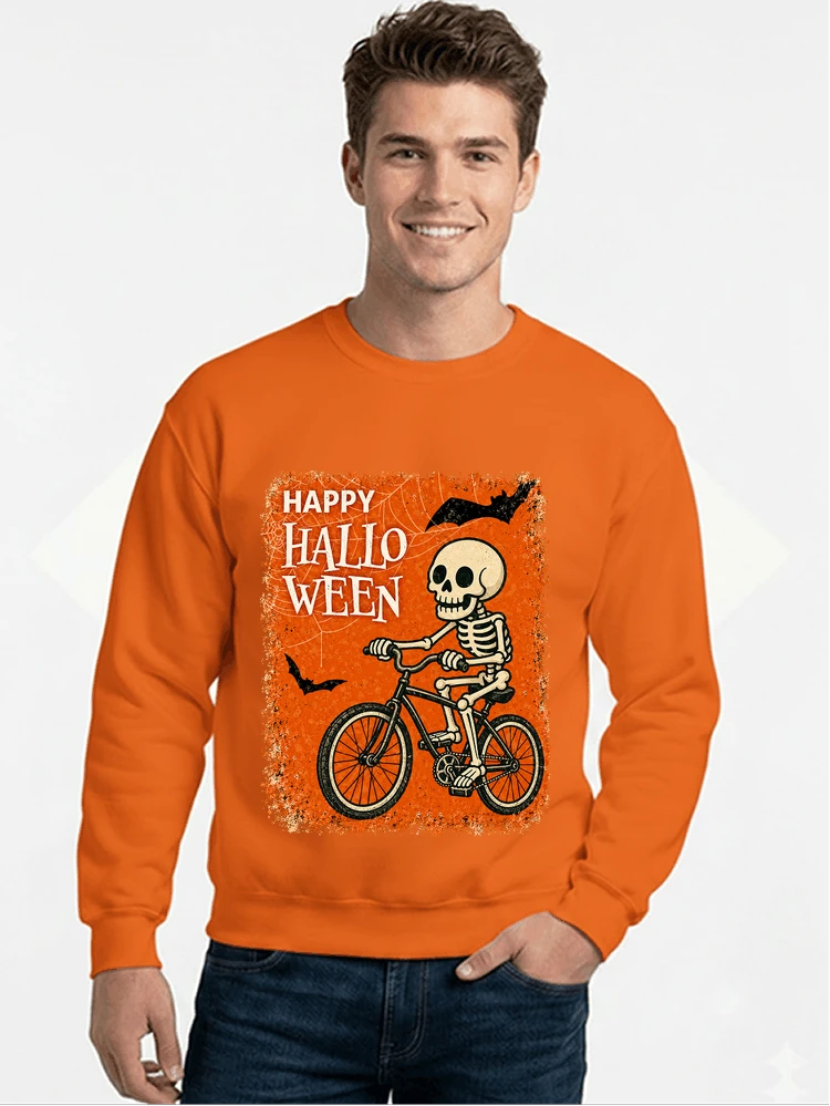 halloween skelett fahrrad t shirt lustiges radfahrer spuk shirt sweatshirt mit rundhalsausschnitt orange