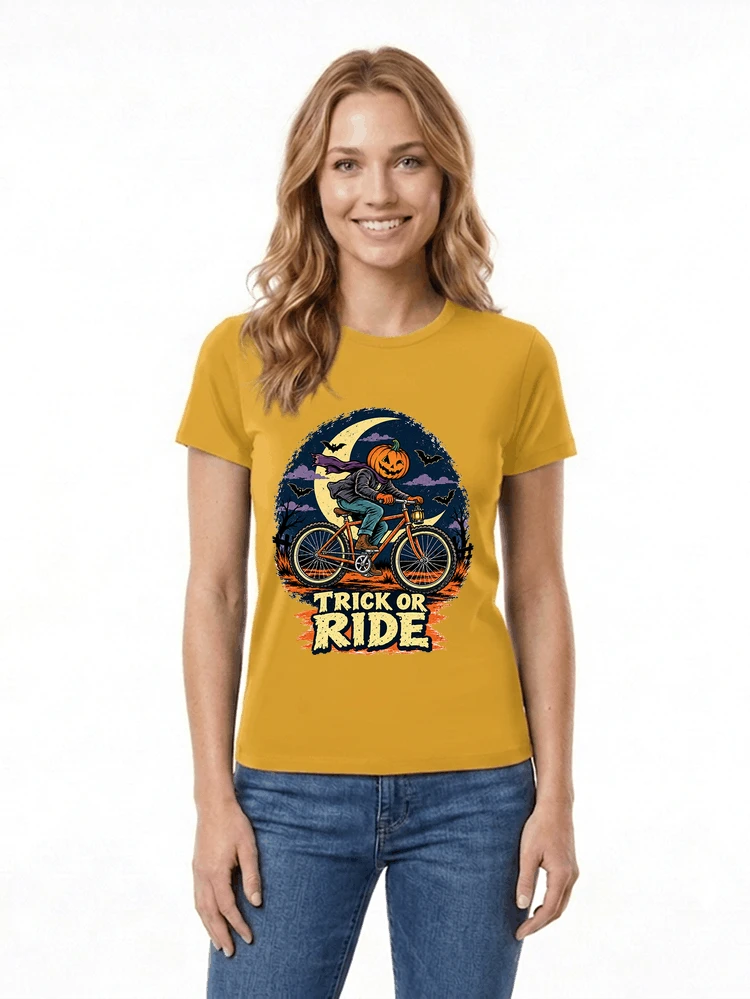halloween trick or ride fahrrad outfit damen t shirt gold