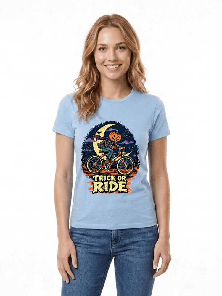 halloween trick or ride fahrrad outfit damen t shirt light blue