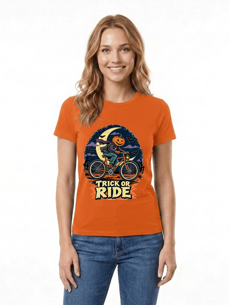 halloween trick or ride fahrrad outfit damen t shirt orange