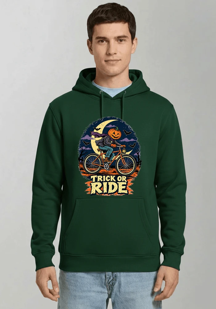 halloween trick or ride fahrrad outfit kapuzenpullover forest green
