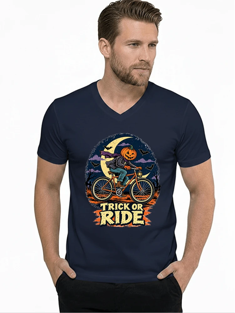 halloween trick or ride fahrrad outfit t shirt mit v ausschnitt navy