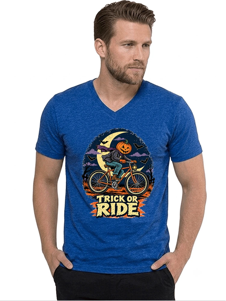 halloween trick or ride fahrrad outfit t shirt mit v ausschnitt royal blue