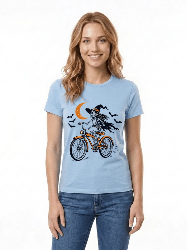 hexe skelett fahrrad halloween t shirt damen fahrrad spuk shirt damen t shirt light blue