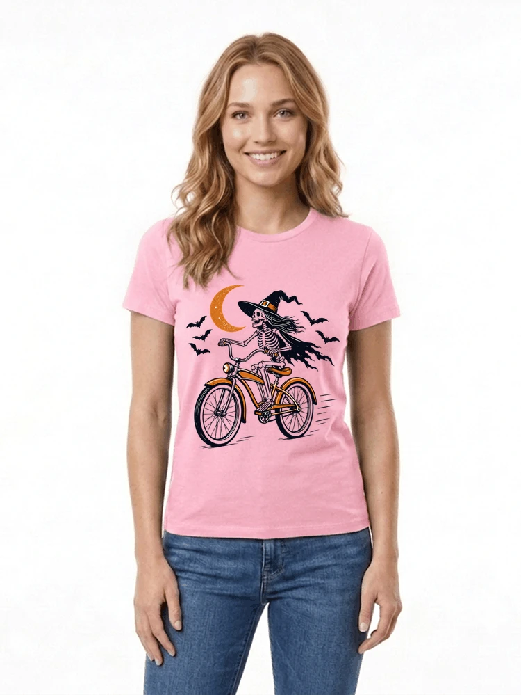 hexe skelett fahrrad halloween t shirt damen fahrrad spuk shirt damen t shirt light pink