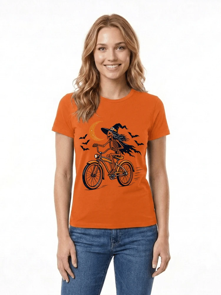 hexe skelett fahrrad halloween t shirt damen fahrrad spuk shirt damen t shirt orange