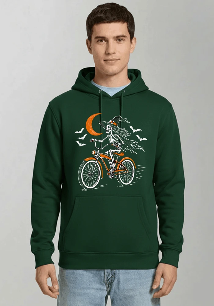 hexe skelett fahrrad halloween t shirt damen fahrrad spuk shirt kapuzenpullover forest green
