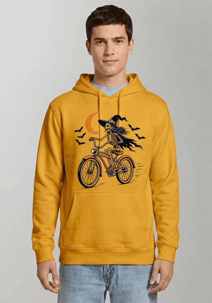 hexe skelett fahrrad halloween t shirt damen fahrrad spuk shirt kapuzenpullover gold