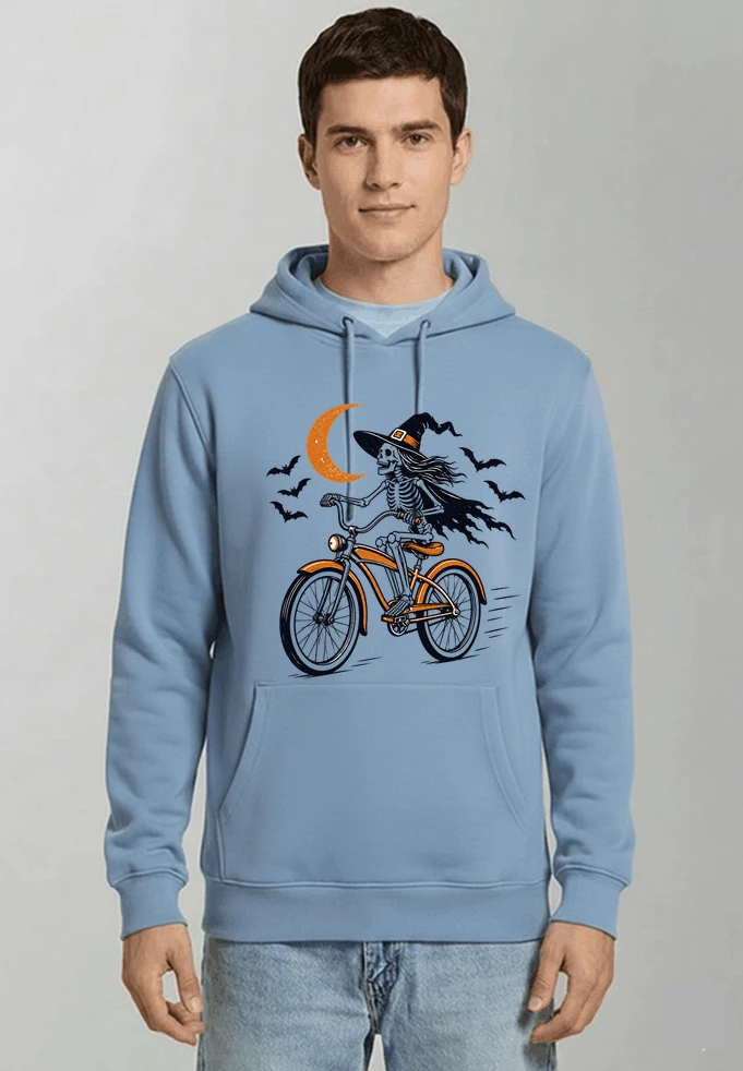 hexe skelett fahrrad halloween t shirt damen fahrrad spuk shirt kapuzenpullover light blue