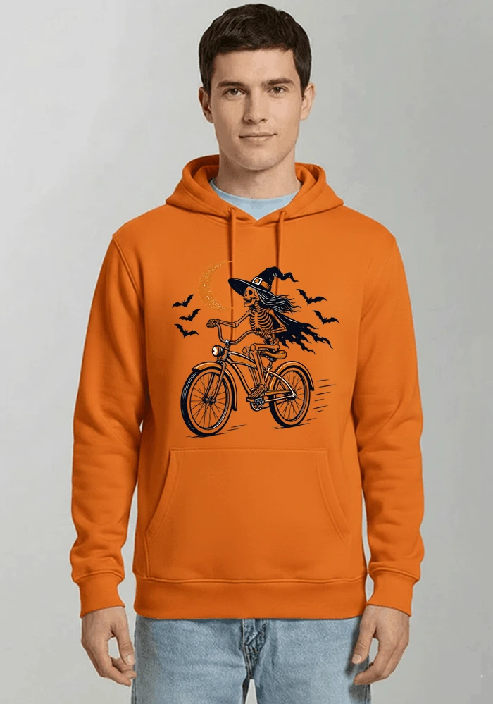 hexe skelett fahrrad halloween t shirt damen fahrrad spuk shirt kapuzenpullover orange
