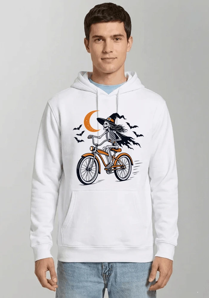 hexe skelett fahrrad halloween t shirt damen fahrrad spuk shirt kapuzenpullover white