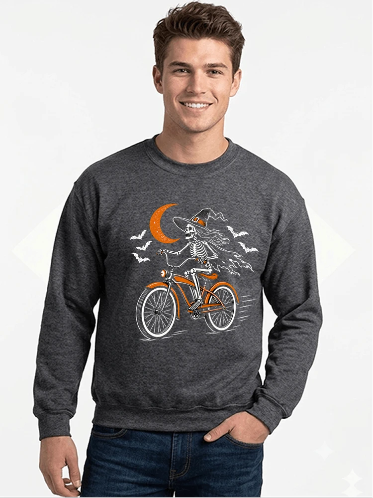 hexe skelett fahrrad halloween t shirt damen fahrrad spuk shirt sweatshirt mit rundhalsausschnitt anthracite melange