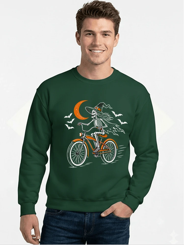 hexe skelett fahrrad halloween t shirt damen fahrrad spuk shirt sweatshirt mit rundhalsausschnitt forest green