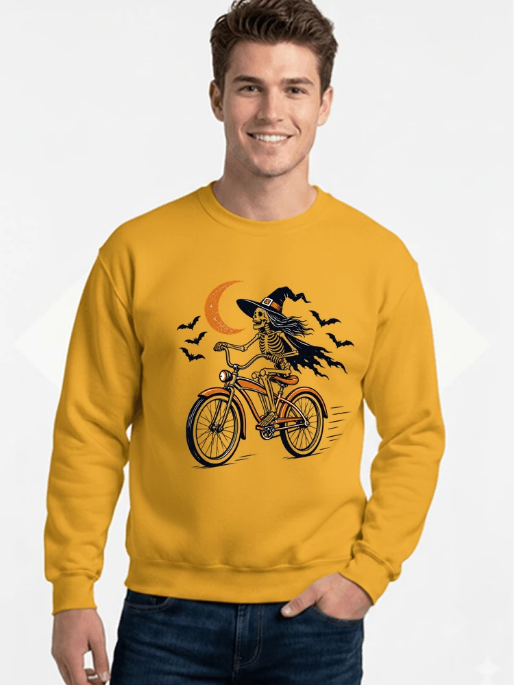 hexe skelett fahrrad halloween t shirt damen fahrrad spuk shirt sweatshirt mit rundhalsausschnitt gold