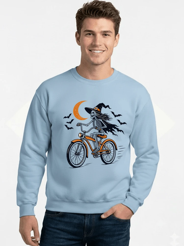 hexe skelett fahrrad halloween t shirt damen fahrrad spuk shirt sweatshirt mit rundhalsausschnitt light blue