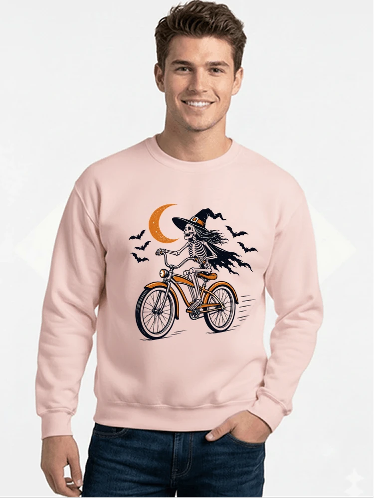 hexe skelett fahrrad halloween t shirt damen fahrrad spuk shirt sweatshirt mit rundhalsausschnitt light pink