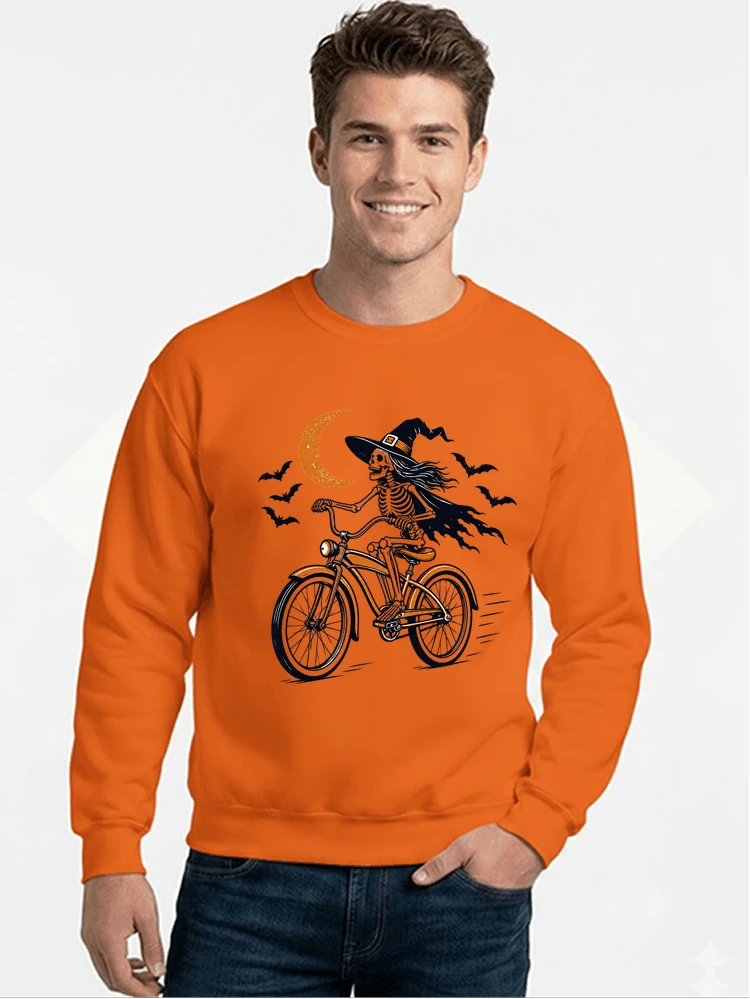 hexe skelett fahrrad halloween t shirt damen fahrrad spuk shirt sweatshirt mit rundhalsausschnitt orange