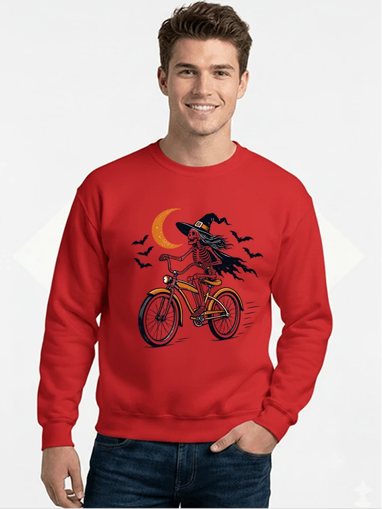 hexe skelett fahrrad halloween t shirt damen fahrrad spuk shirt sweatshirt mit rundhalsausschnitt red