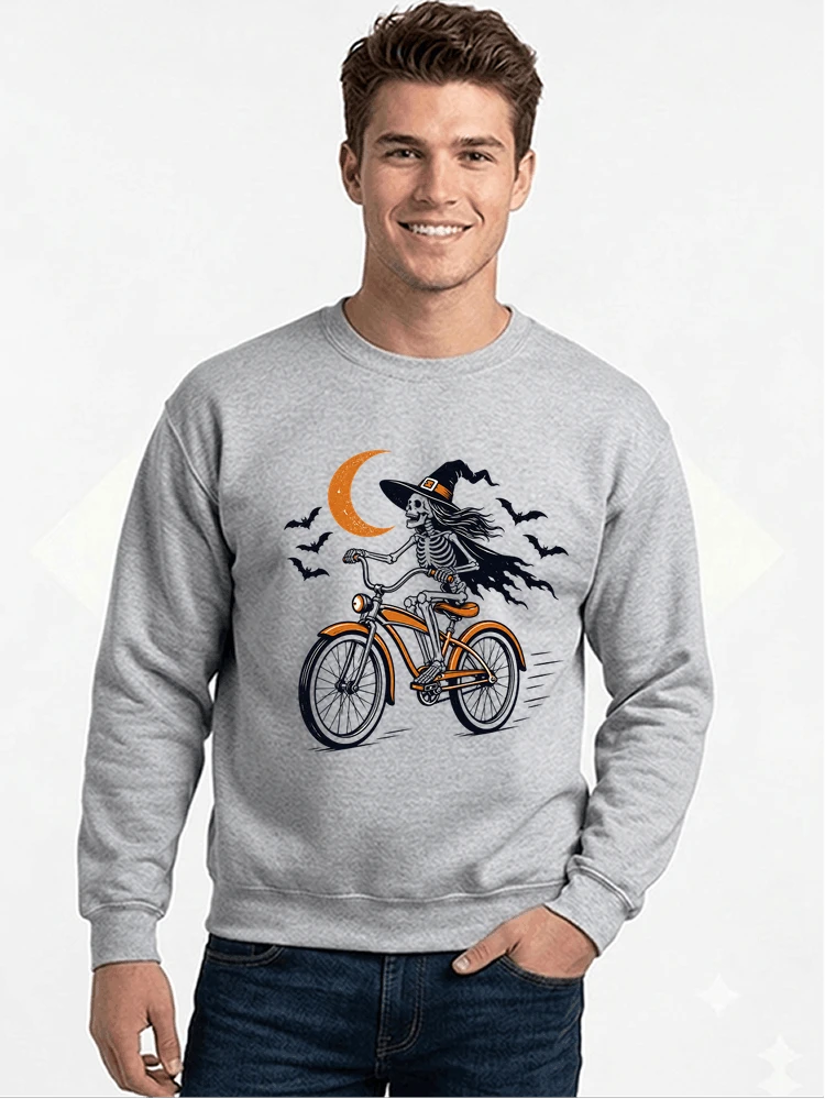 hexe skelett fahrrad halloween t shirt damen fahrrad spuk shirt sweatshirt mit rundhalsausschnitt sport grey