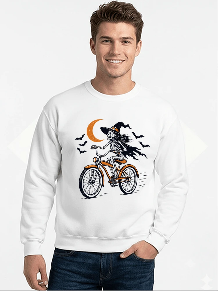 hexe skelett fahrrad halloween t shirt damen fahrrad spuk shirt sweatshirt mit rundhalsausschnitt white