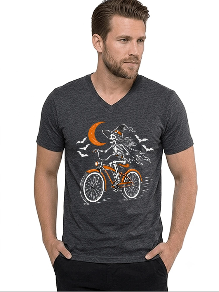 hexe skelett fahrrad halloween t shirt damen fahrrad spuk shirt t shirt mit v ausschnitt anthracite melange