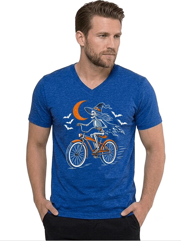 hexe skelett fahrrad halloween t shirt damen fahrrad spuk shirt t shirt mit v ausschnitt royal blue