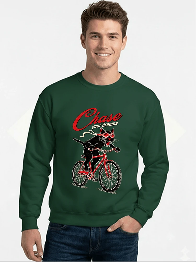 katze auf dem fahrrad shirt cooles radsport damen herren t shirt sweatshirt mit rundhalsausschnitt forest green