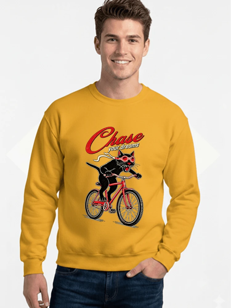 katze auf dem fahrrad shirt cooles radsport damen herren t shirt sweatshirt mit rundhalsausschnitt gold
