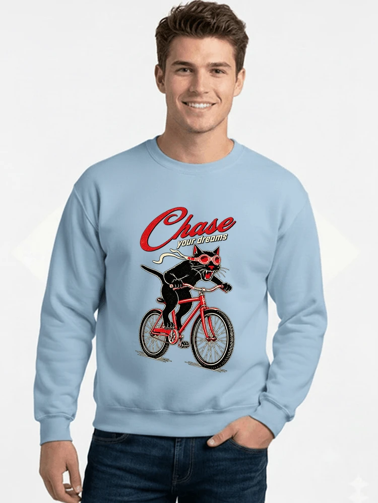 katze auf dem fahrrad shirt cooles radsport damen herren t shirt sweatshirt mit rundhalsausschnitt light blue