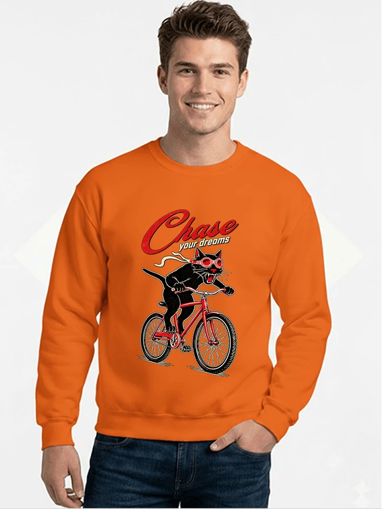 katze auf dem fahrrad shirt cooles radsport damen herren t shirt sweatshirt mit rundhalsausschnitt orange