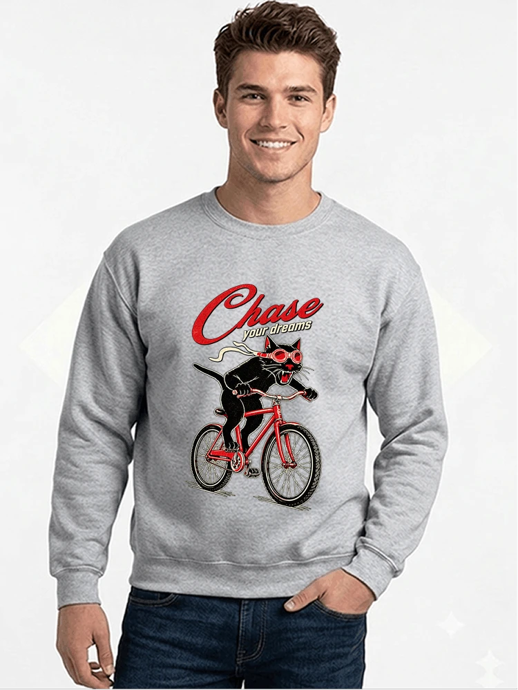 katze auf dem fahrrad shirt cooles radsport damen herren t shirt sweatshirt mit rundhalsausschnitt sport grey