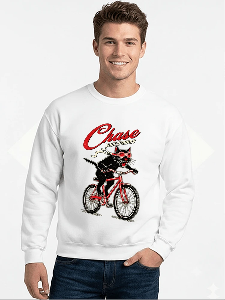 katze auf dem fahrrad shirt cooles radsport damen herren t shirt sweatshirt mit rundhalsausschnitt white