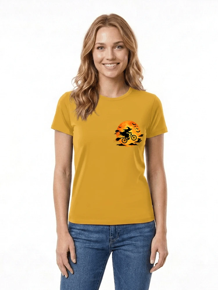 lustiges hexe fahrrad t shirt halloween vollmond biker shirt damen t shirt gold