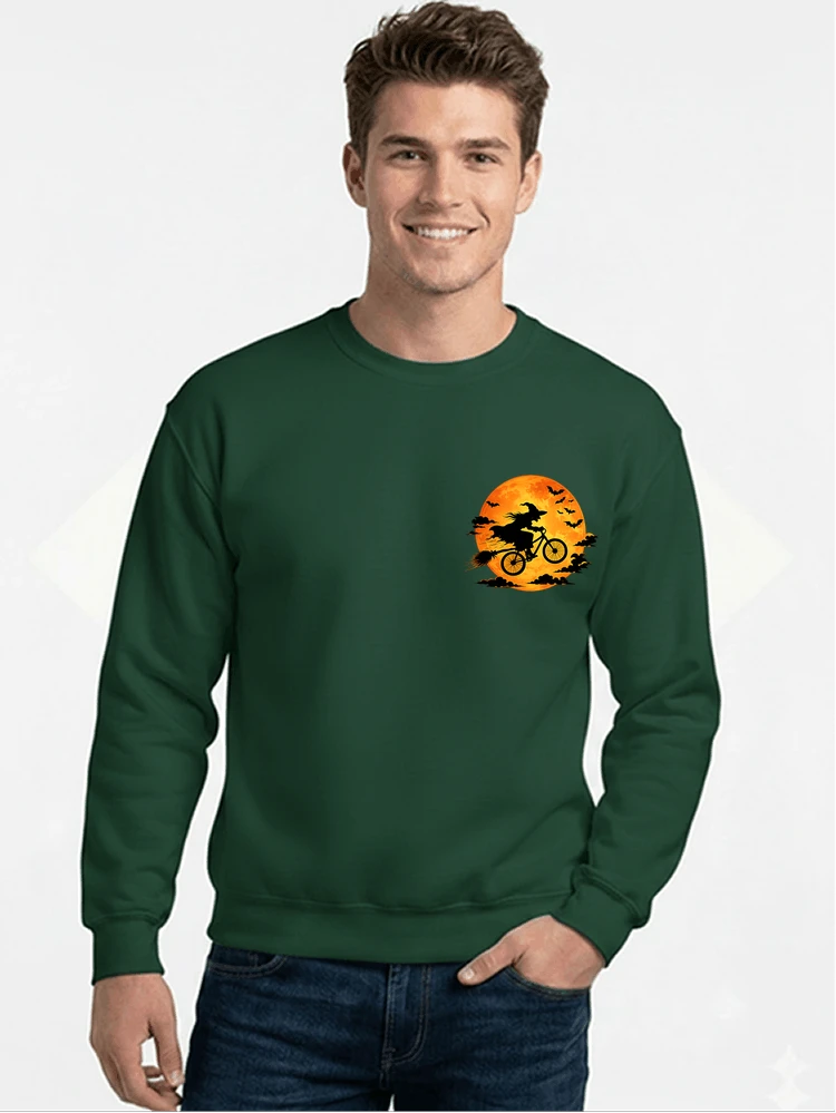 lustiges hexe fahrrad t shirt halloween vollmond biker shirt sweatshirt mit rundhalsausschnitt forest green