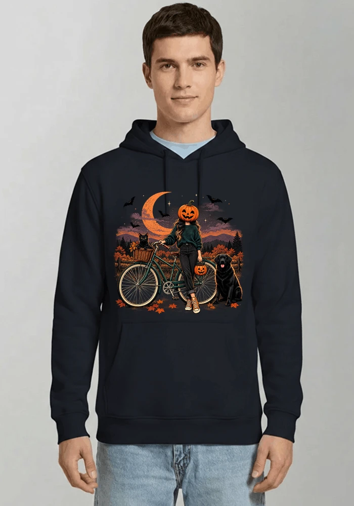 spooky season fahrrad damen t shirt kapuzenpullover navy