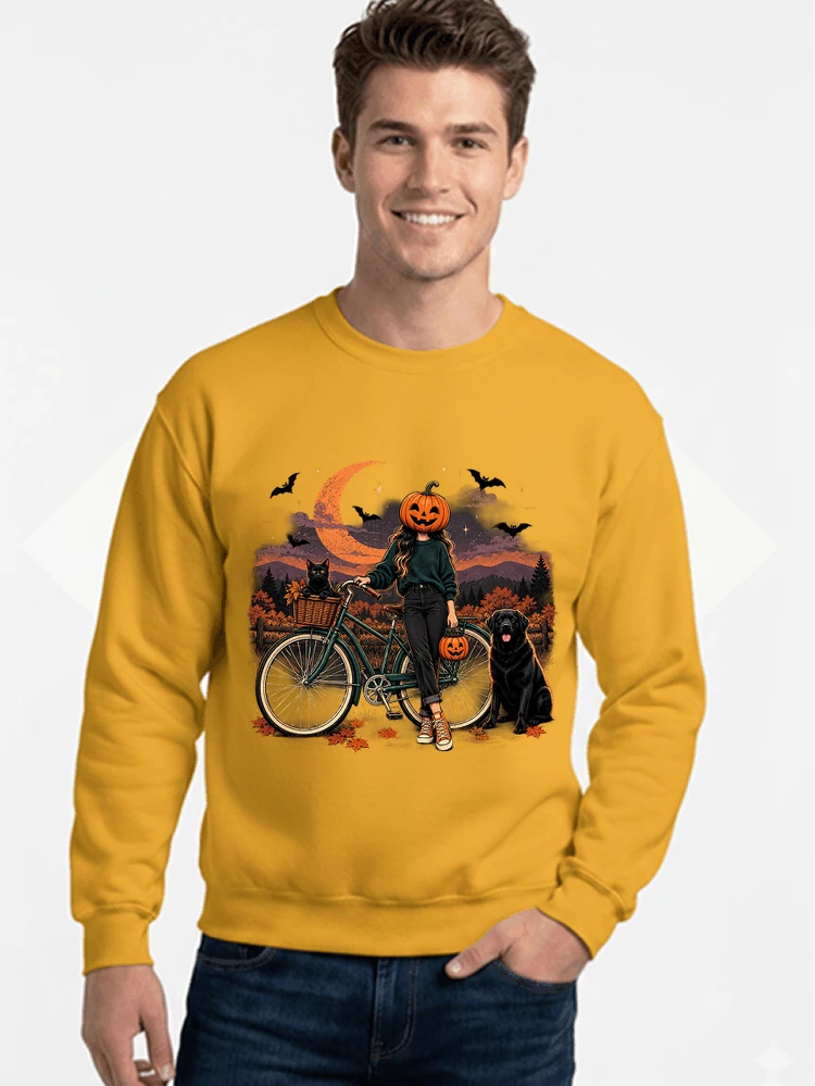 spooky season fahrrad damen t shirt sweatshirt mit rundhalsausschnitt gold
